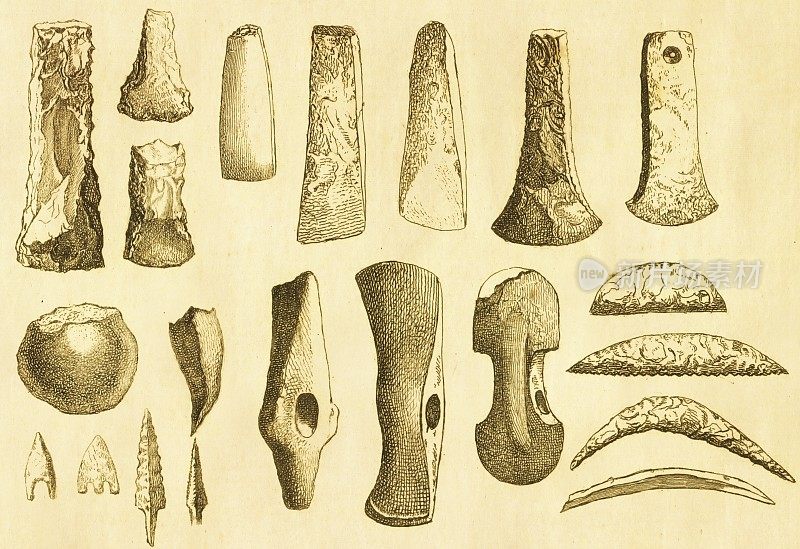 石器时代的工具。史前斧，刀和错误|古董历史插图